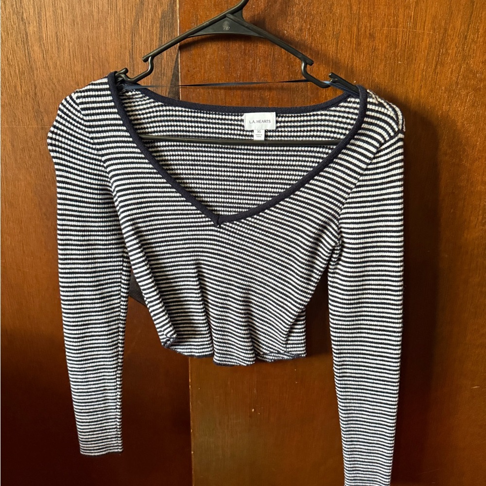 La Hearts Navy and White Striped V-Neck Blouse
